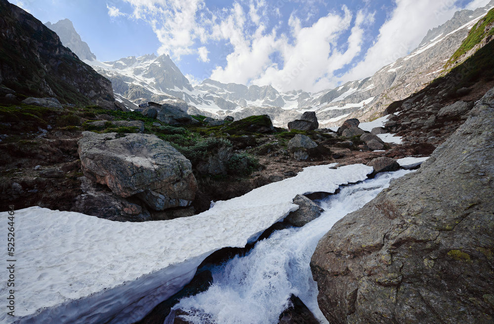 Mountain river. Roks and snow with beautiful Alps view. Mountain river. Roks and snow with beautiful Alps view.