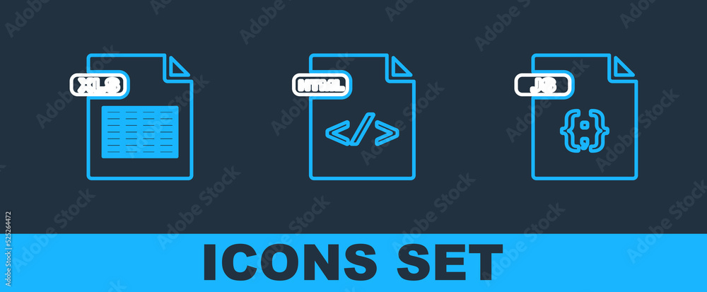 Set line JS file document, XLS and HTML icon. Vector Set line JS file document, XLS and HTML icon. Vector