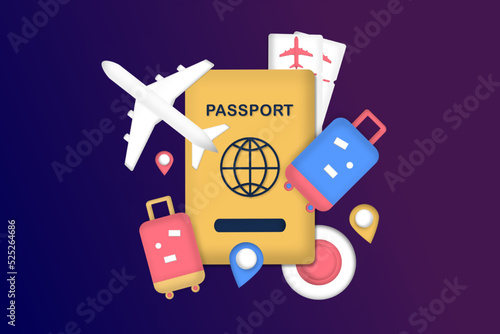 Traveling on airplane, planning for tourism on summer vacation concept. Business trip with passport and travel bag. Online ticket, travel booking and service concept. 3D minimalist vector illustration