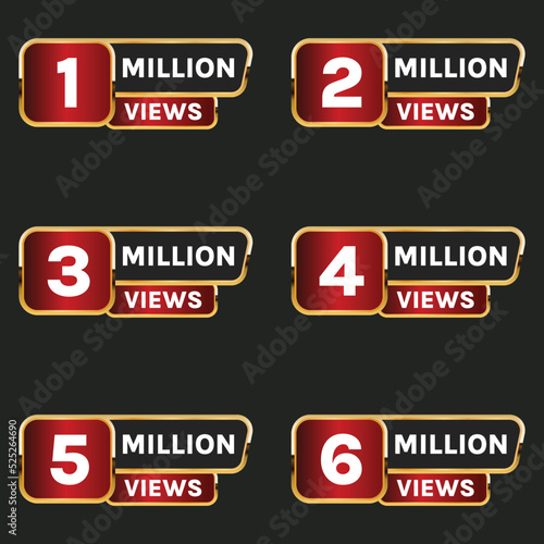 million views celebration badge, golden 1 million views to 6 million views banner set