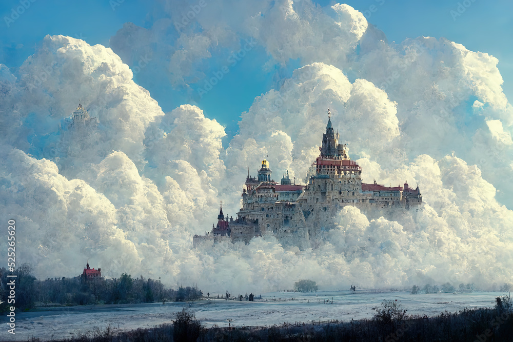 The Castle in the White Clouds. A Mirage in the Sky. Concept Art Scenery. Book Illustration. Video Game Scene. Serious Digital Painting. CG Artwork Background.
