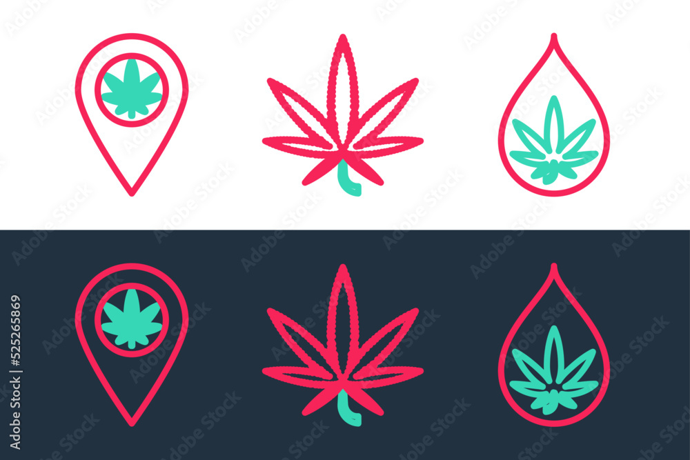 Set line Marijuana or cannabis leaf oil, Location and marijuana and icon. Vector Set line Marijuana or cannabis leaf oil, Location and marijuana and icon. Vector