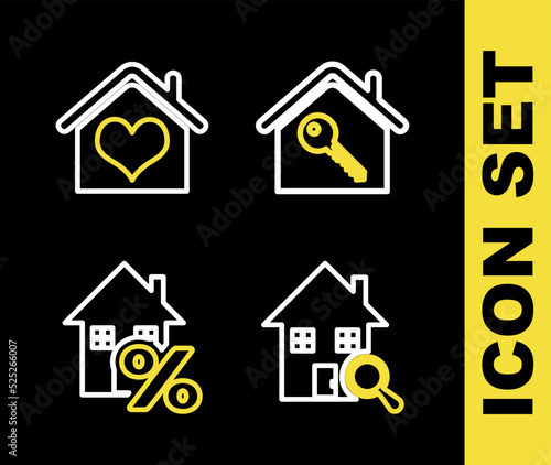 Set line House with key, Search house, percant and heart shape icon. Vector