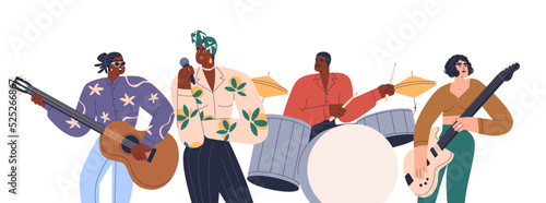 Music band, African-American singer with microphone, musicians playing instruments, drum, guitar. Black people stars group performing. Flat graphic vector illustration isolated on white background