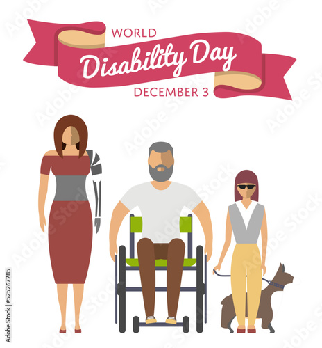 December 3 - world disability day greeting card template vector illustration. Young disabled man on wheelchair, blind girl with dog, woman with prosthetic arm. Healthcare concept in flat design.