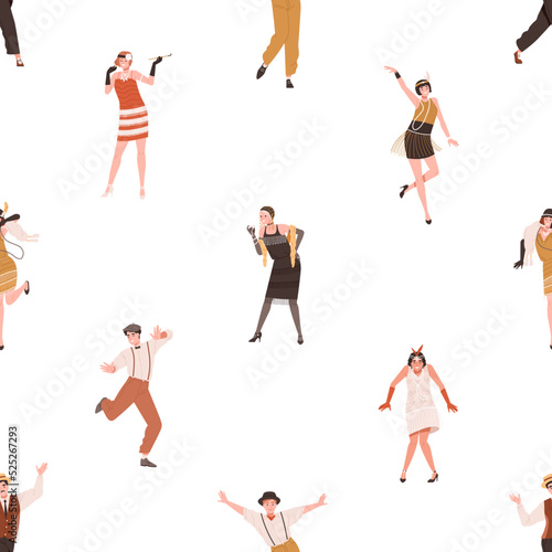 1920s Broadway dancers pattern. Seamless repeating background with happy people dancing to 20s music at gatsby fashion party in twenties style. 1930s texture design. Colored flat vector illustration
