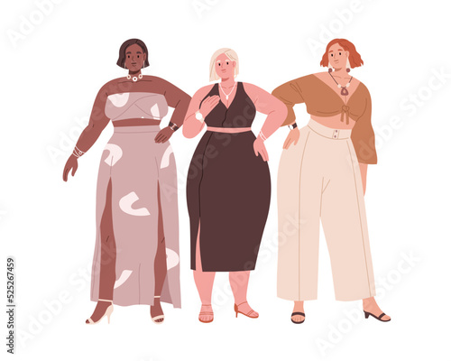 Pretty women with plus-size fat bodies, wearing modern fashion dresses. Diverse curvy plump girls in elegant party clothes, outfit. Flat graphic vector illustration isolated on white background