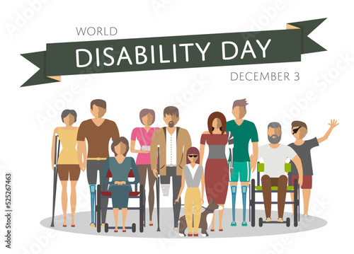 December 3 - world disability day greeting card template in flat design vector illustration. Invalid person, blind woman, broken arm, man on wheelchair, prosthetic arms and legs. Healthcare assistance