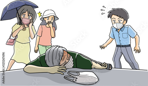 熱中症で倒れている高齢男性と驚く人達（マスク着用）.