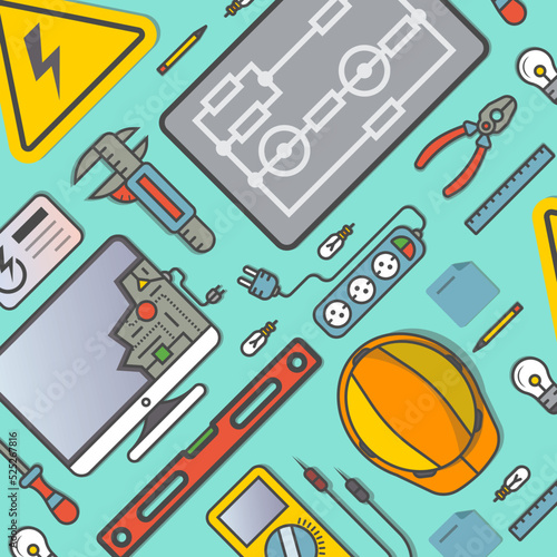 Electricity engineering banner vector illustration. Electrician workplace, construction and management, repair and maintenance. Safety helmet, multimeter, electronic circuit, spirit level, power strip