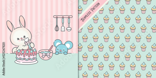 cute baker bunny and mouse with cupcakes seamless pattern