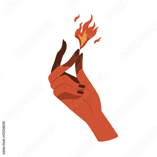 Witch hand with fire energy. Magician lighting magic blaze with finger. Illus...