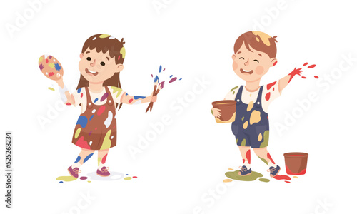 Joyful boy and girl stained clothes, hands and faces with paints. Happy little children painting with paintbrushes and paints cartoon vector illustration