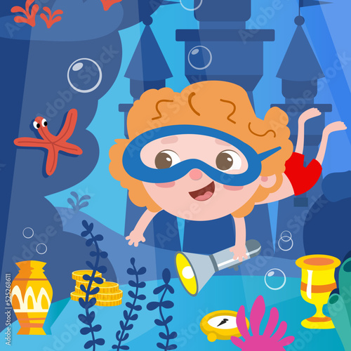 Cute boy found treasures underwater. Seascape, scene in cartoon style. Nature and ocean algae. Castle and sea creatures. Vector illustration, full color.