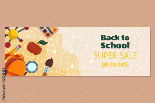 Colorful back to school sale offer banner template with different studying supplies - backpack bag magnifier paint brush apple molecule. Vector illustration design with copy space.