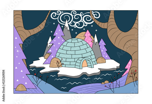 Igloo made from ice bricks. Fairy north illustration. 