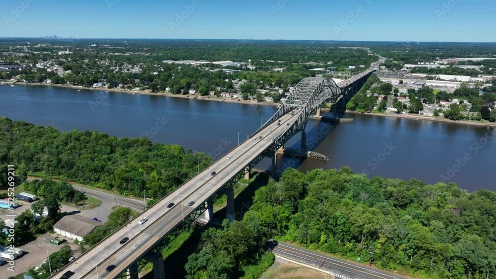 Delaware River Turnpike Toll Bridge. Aerial at border between New Jersey and Pennsylvania. Delaware River Turnpike Toll Bridge. Aerial at border between New Jersey and Pennsylvania.