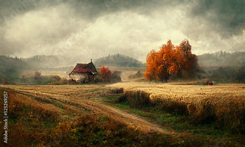 rural scenic at autumn landscape , cinematic, digital illustration