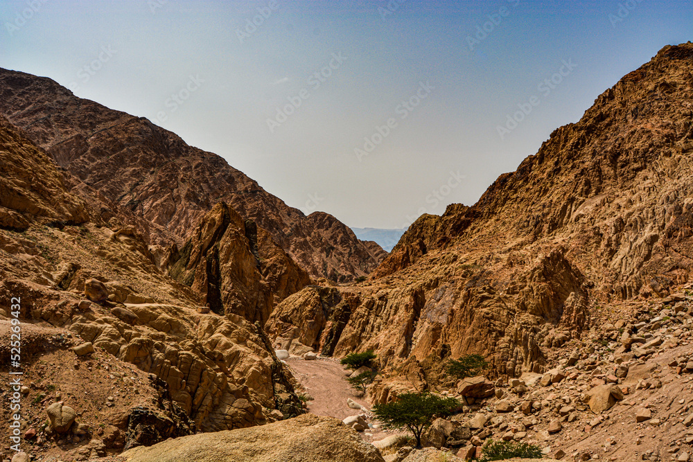 A road running between sandy mountains in Jordan near Aqaba city.