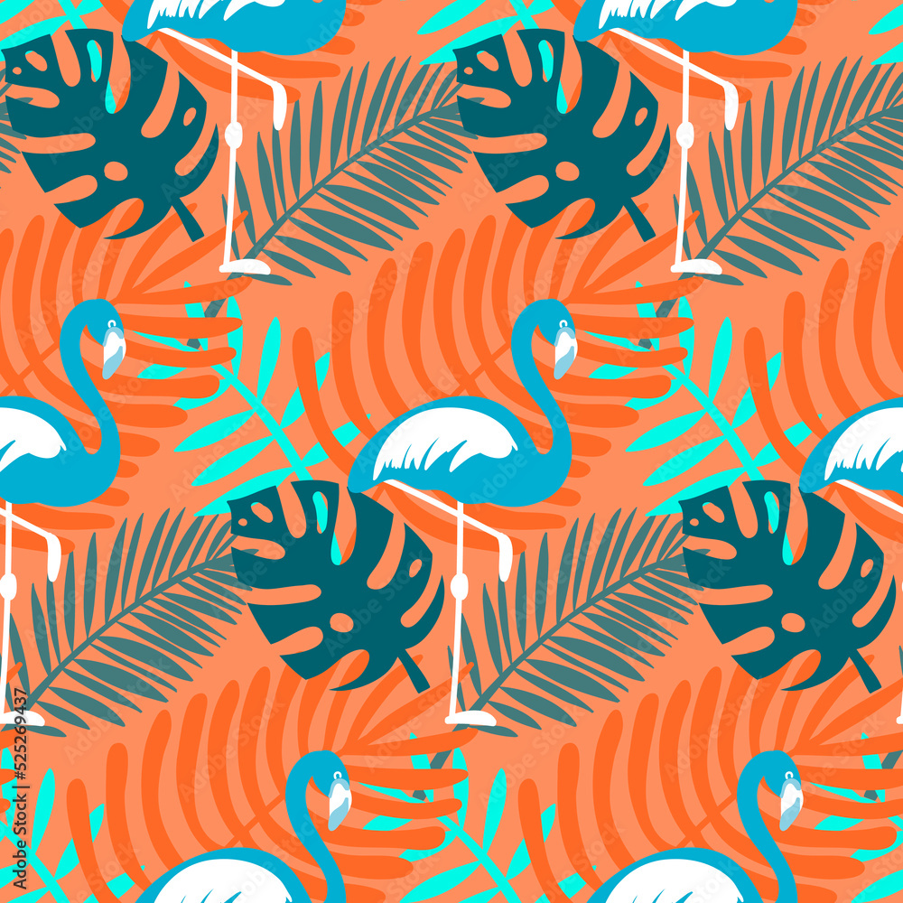Monstera palm leaf and flamingo seamless pattern for textile and wrapping paper design