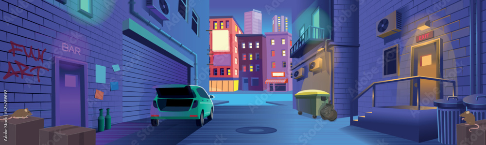 Dark back street alley with a door to a bar, a trash can, a car with an open trunk at night in cartoon style. Background for games and mobile applications.