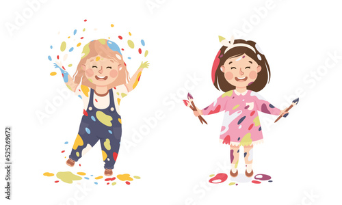 Happy joyful little girls stained clothes, hands and faces with color paints cartoon vector illustration