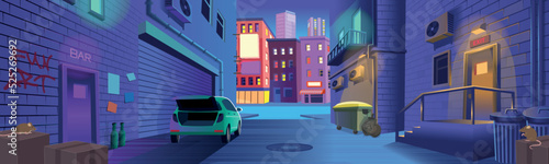 Dark back street alley with a door to a bar, a trash can, a car with an open trunk at night in cartoon style. Background for games and mobile applications.