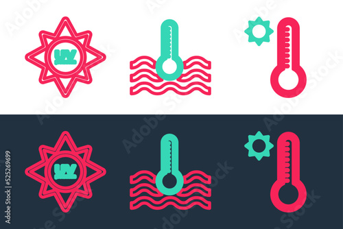 Set line Meteorology thermometer, UV protection and Water icon. Vector