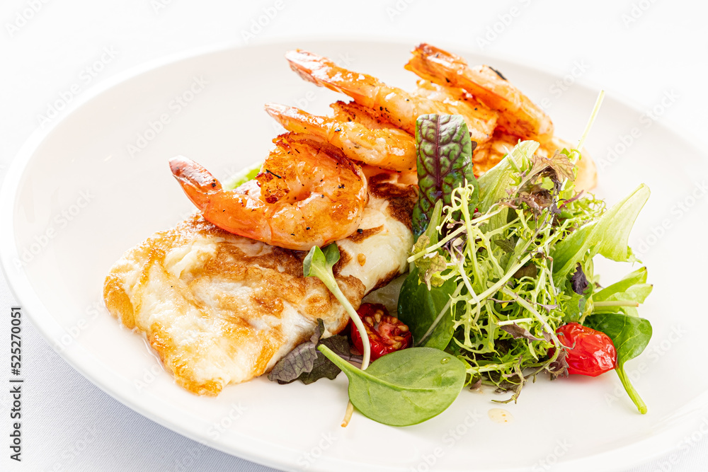 pancakes with shrimps and salad mix