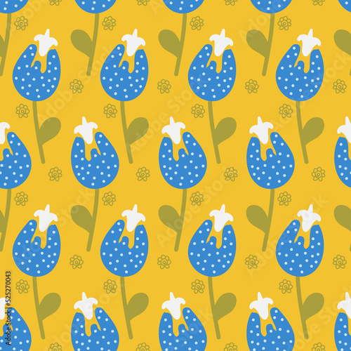 Cute blue flower flat cartoon seamless pattern on yellow background for packaging and textile design