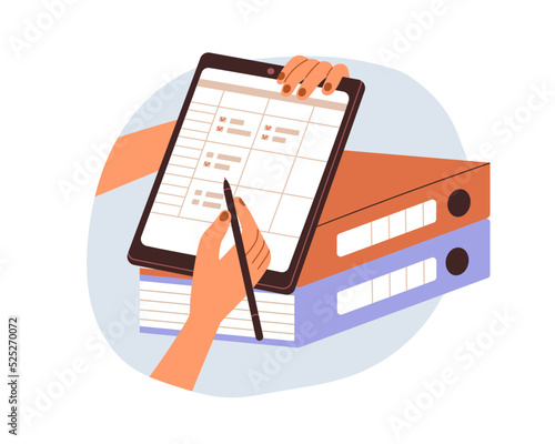 Hand with business document on clipboard, office folders, filling employee survey form. Holding paper at work, writing, ticking checkboxes. Flat vector illustration isolated on white background