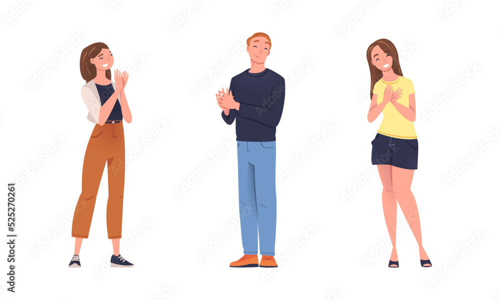Fototapeta premium Cheerful young people clapping hands set. Positive people in casual clothes applauding with enthusiasm flat vector illustration