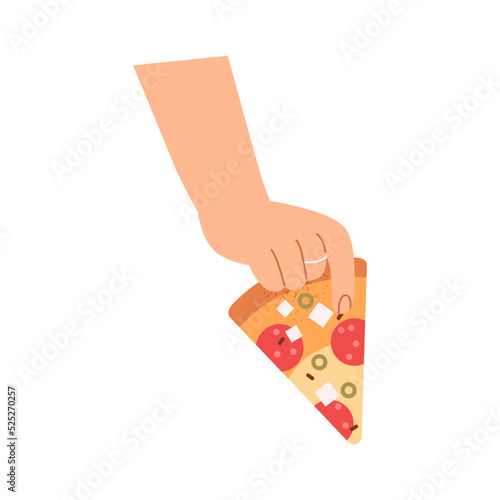 Hand with triangle pizza slice. Fingers holding, taking Italian fast food pie...