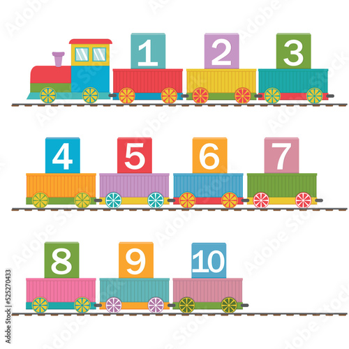 Wooden train with carriages and numbers, back to school, color vector illustration in flat style