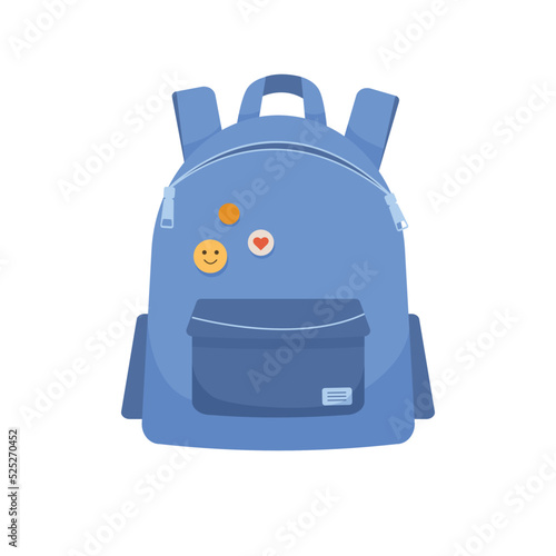 Trendy modern cute colored school backpack with pins patches on isolated white background. Education and study back to school.Vector illustration cartoon flat style