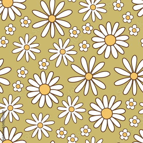 Seamless pattern retro 1970s hippie. Background with colorful flower chamomile in vintage style. Illustration with positive symbols for wallpaper, fabric, textiles. Vector