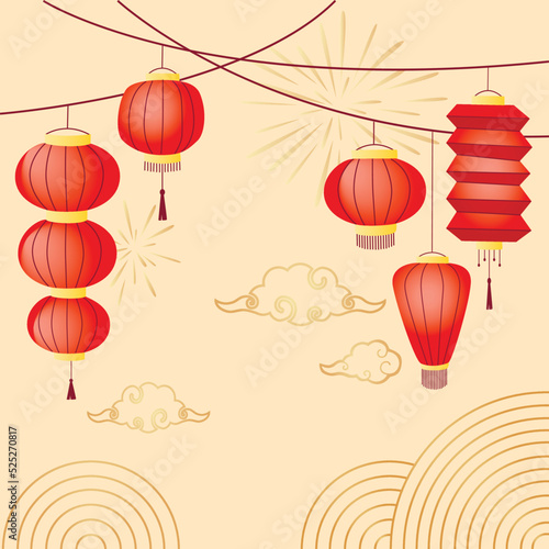 Red Chinese lanterns isolated on white background. Traditional chinese lanterns are suitable for design of the Asian New Year, Mid autumn festival, other holidays. Vector background, greeting card