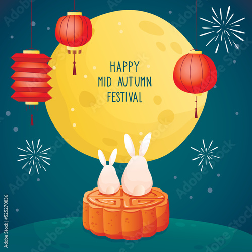 Asian autumn festival. Happy Mid Autumn festival illustration banner. Cute rabbits watching the moon scenery at night.