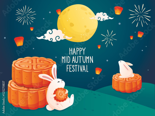 Asian autumn festival. Happy Mid Autumn festival illustration banner. Cute rabbits watching the moon scenery at night.