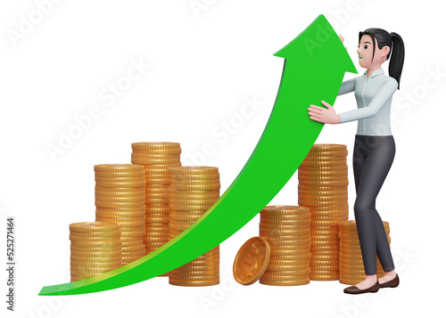 business woman in blue shirt deflect green arrow up with gold coin pile ornament