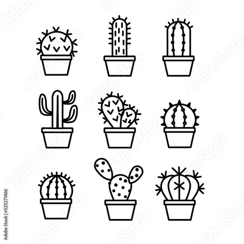 vector set cactus plant icon in black and white illustration