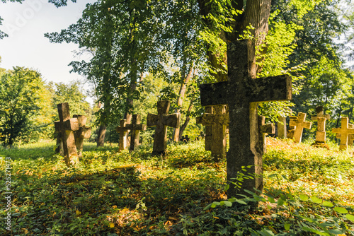 Abandoned 1800s greveyard. Rustic old stone cross statues covered in moss standing in tall grass in front of huge tree. Sunlit forest. Horizontal shot. High quality photo photo