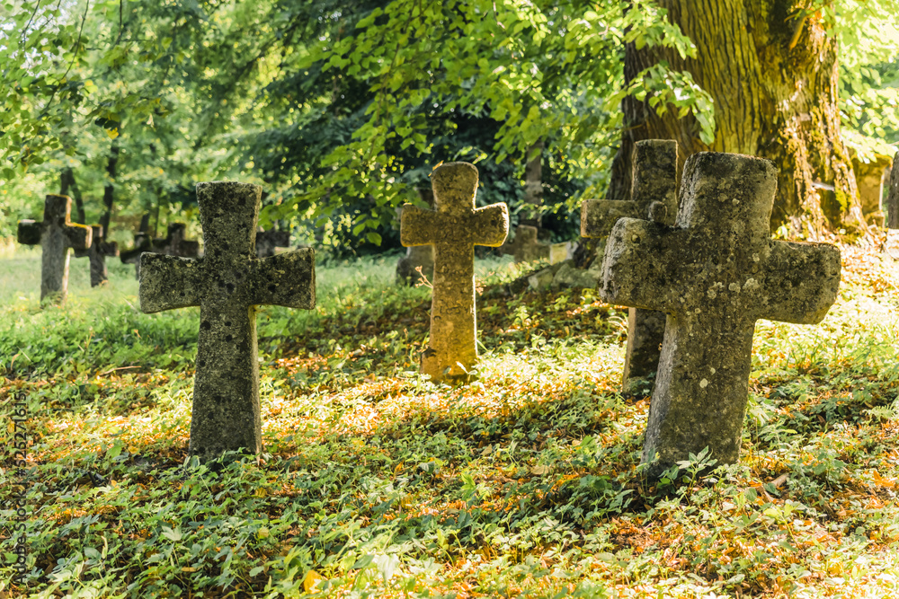 Moss-covered stone cross statues in wild lush green forest. Abandoned 1800s greveyard in morning sunlight. Horiozntal shot . High quality photo Moss-covered stone cross statues in wild lush green forest. Abandoned 1800s greveyard in morning sunlight. Horiozntal shot . High quality photo