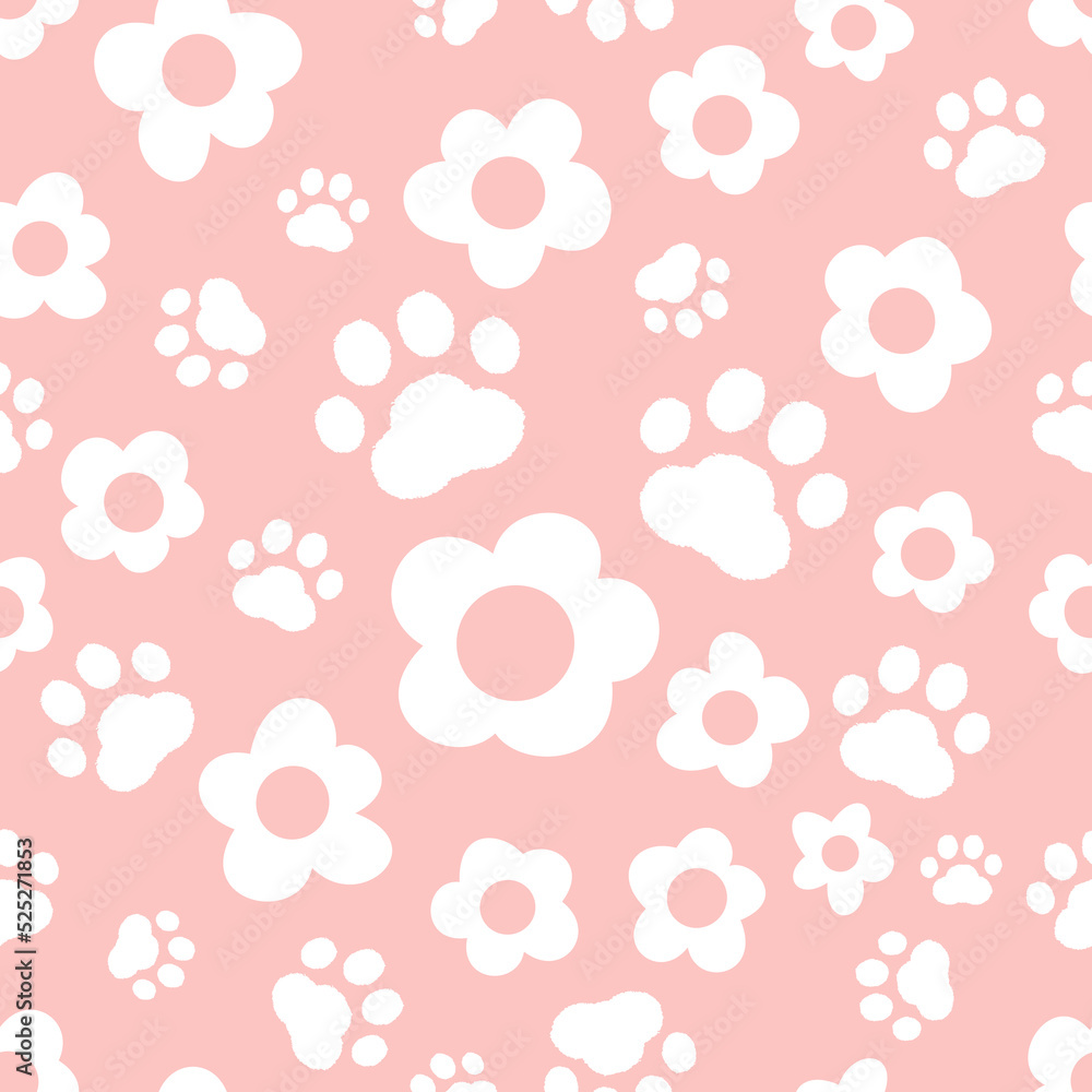 Seamless pattern with daisy flower and paw prints on pink background vector illustration.