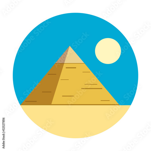 Egypt ancient pyramids of giza are egyptian pharaoh tomb on sand with sun and blue sky in circle flat vector icon design.