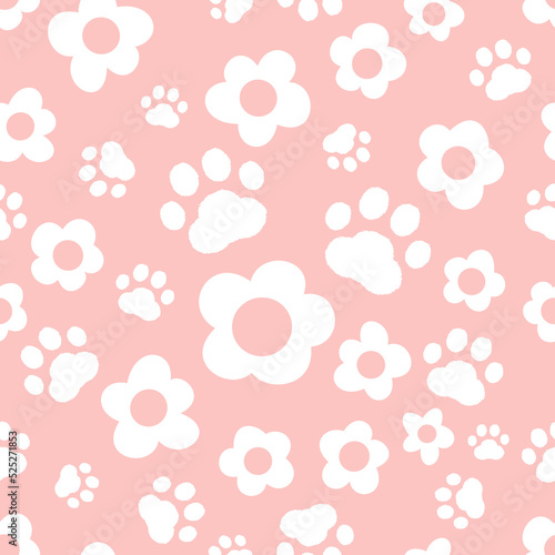 Seamless pattern with daisy flower and paw prints on pink background vector illustration.