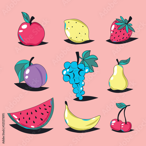 Vector juicy bright illustration set fruit berries juicy stickers doodles icons apple pear watermelon cherry banana grape plum lemon strawberry