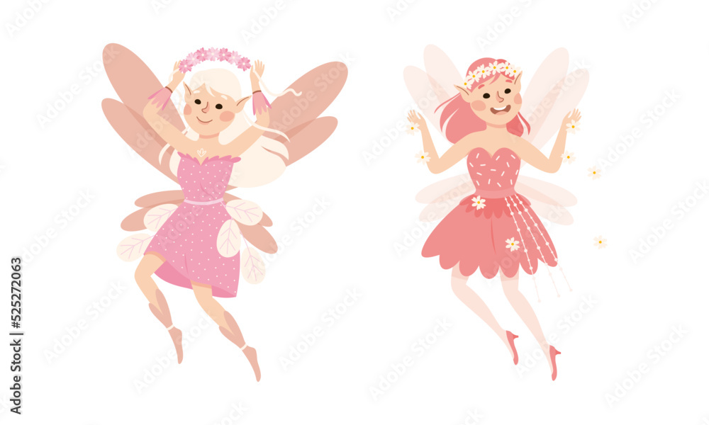Happy fairy girls. Lovely elf girls with pointed ears wearing nice dresses vector illustration Happy fairy girls. Lovely elf girls with pointed ears wearing nice dresses vector illustration