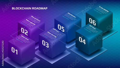 Isometric roadmap for blockchain or cryptocurrency project with flying cubes and copy space on purple blue background. Infographic timeline template for business presentation. Vector.