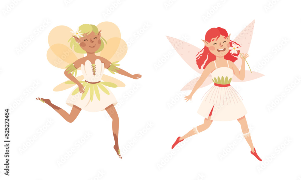 Happy joyful elf girls in nice dresses. Lovely fairytale fairies vector illustration Happy joyful elf girls in nice dresses. Lovely fairytale fairies vector illustration